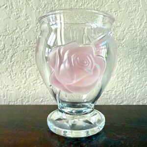 Vintage Three Frosted Raised Pink Roses Crystal Glass Flower Vase